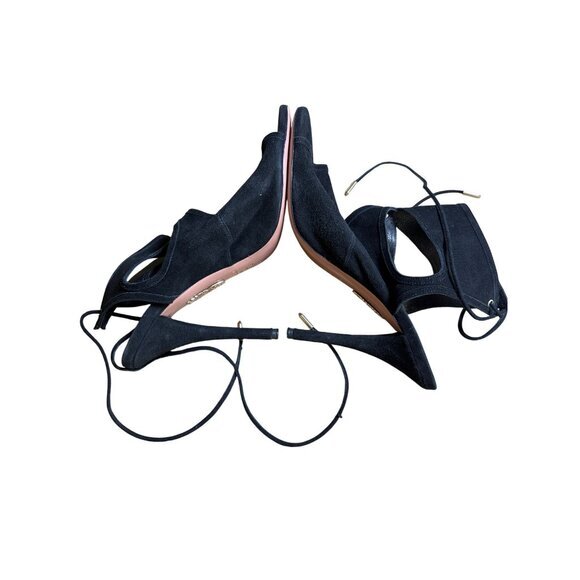 Aquazzura Black Suede Ankle Strap w Tie Heels Sandals Formal Shoes Size It 38.5 - Picture 8 of 11